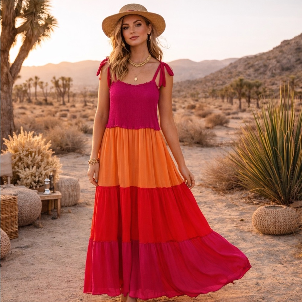 Vici Magenta, Orange & Red Tiered Tie-Shoulder Maxi Dress